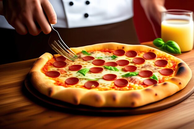 Les mains du chef tenant une pizza fraîchement cuite sur un fond flou en gros plan Pizzeria