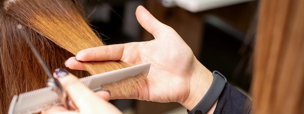 Les mains du coiffeur tiennent la mèche de cheveux entre ses doigts en faisant la coupe de cheveux longs de la jeune femme avec un peigne et des ciseaux dans le salon de coiffure en gros plan