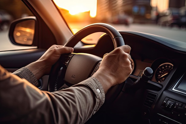 Les mains du conducteur sur le volant de la minifourgonnette sur la route