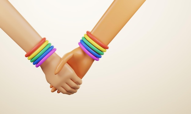 Les mains du couple se tenant la main avec le symbole du collier arc-en-ciel LGBT