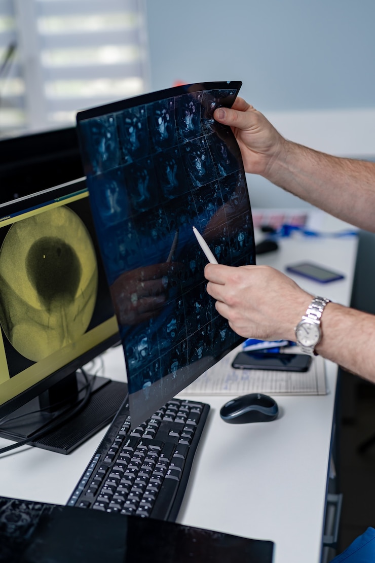 Photo les mains du médecin avec la tomographie par ordinateur. contexte de la salle médicale.