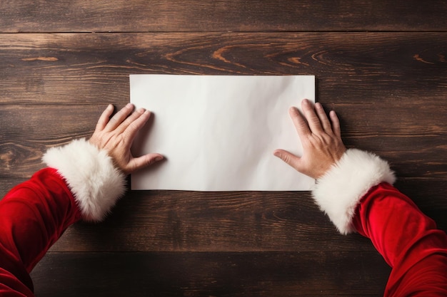 Les mains du Père Noël sur une feuille blanche avec de l'espace pour le texte sur une table en bois