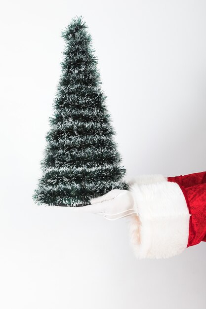Mains du père Noël tenant un arbre de Noël sur fond blanc