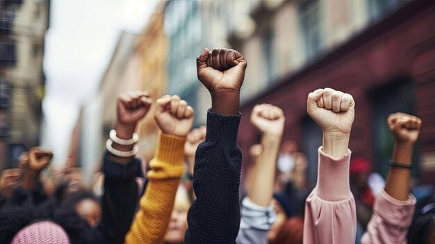 Les mains du peuple avec un poing serré sont levées en signe de protestation manifestation pacifique protestation