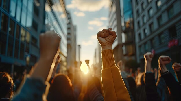 Les mains du peuple avec un poing serré sont levées en signe de protestation manifestation pacifique protestation