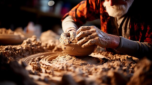 Les mains du potier façonnent l'argile dans une macro-photo détaillée