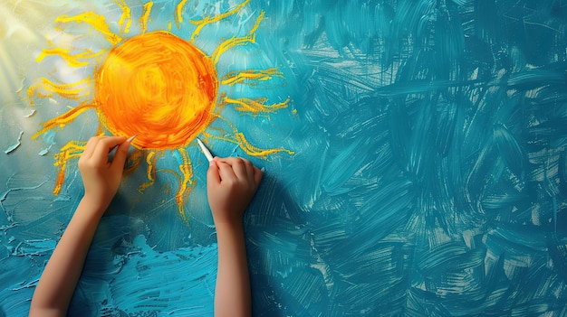 Les mains d'un enfant dessinant un soleil brillant sur un fond bleu