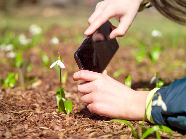 Mains d'un enfant Photographier des fleurs