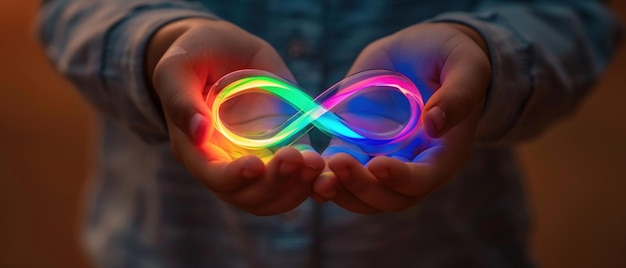 Les mains d'un enfant tenant soigneusement un symbole d'infini brillant de couleur arc-en-ciel