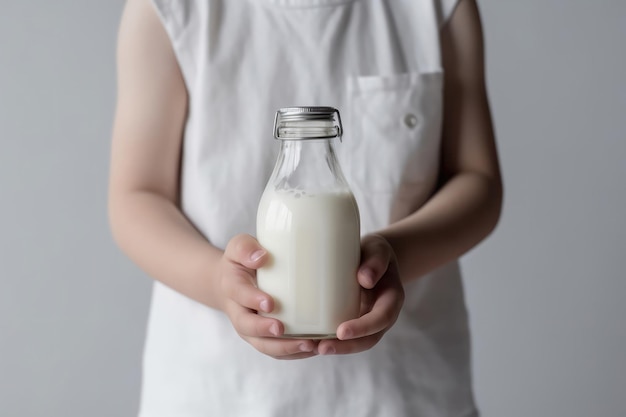 Les mains de l'enfant tiennent une bouteille de lait sur fond blanc IA générative