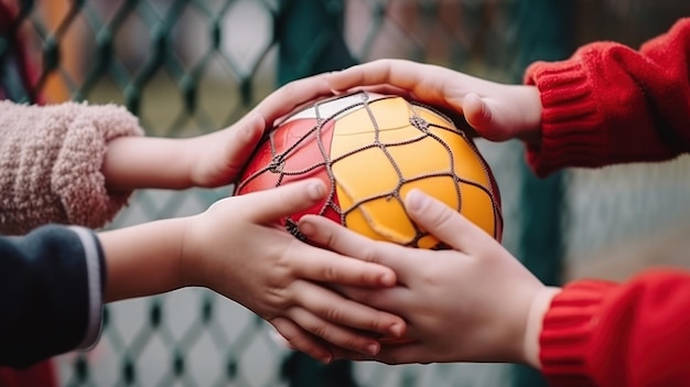 Les mains des enfants sur le ballon jouent au jeu de balle avec des amis générative ai