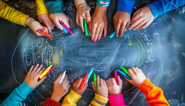 Photo des mains d'enfants divers tenant des marqueurs colorés autour du tableau d'enseignement des arts créatifs et