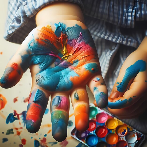 Photo les mains des enfants ornées de coups de peinture colorés