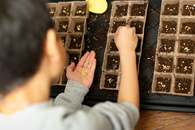 Mains D'enfants Plantant Des Graines Dans Un Sol Fertile