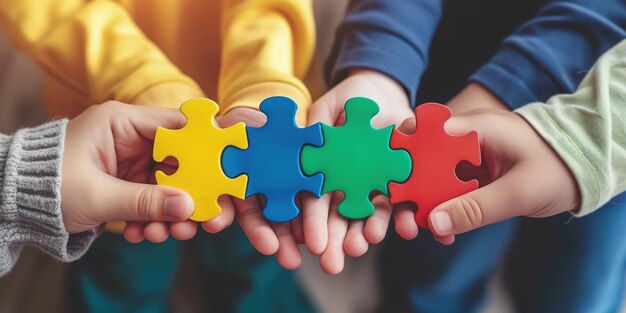Les mains des enfants relient des pièces de puzzle colorées Journée de sensibilisation à l'autisme