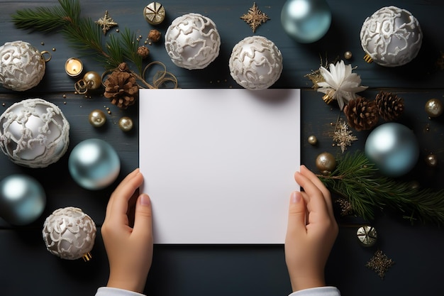 Mains d'enfants tenant une carte de voeux vide Fond de Noël Carte de Noël maquette Espace pour le texte Modèle de salutations de saisons