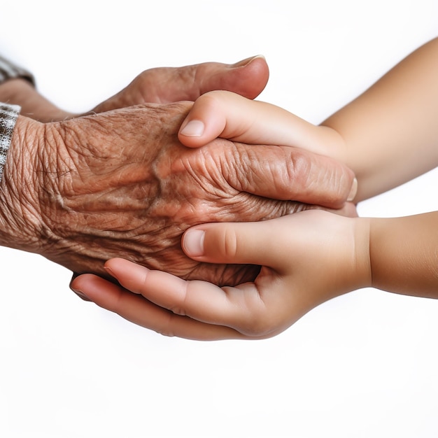 Les mains des enfants tiennent la main d'un vieil homme gros plan sur un concept de fond blanc amour et aide