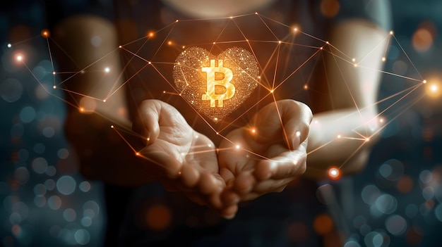 Des mains entrelacées tenant le symbole de Bitcoin dans une lumière romantique