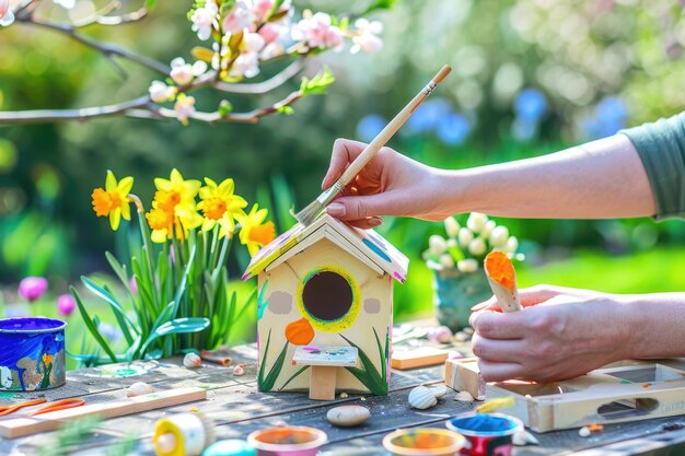 Des mains fabriquant une cabane d'oiseaux colorée entourée de fleurs de printemps