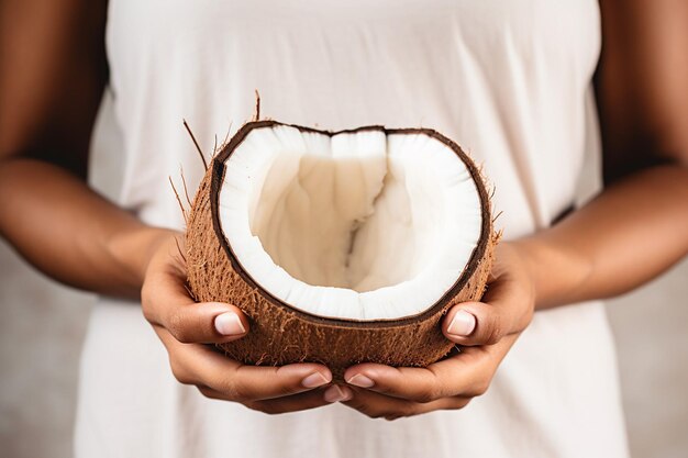 Photo des mains féminines avec une boisson à la noix de coco sur la plage