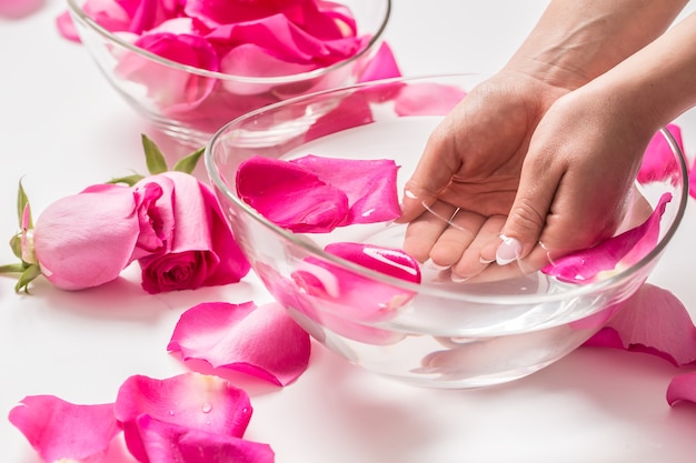 Mains féminines et bol d'eau thermale avec roses et pétales roses.