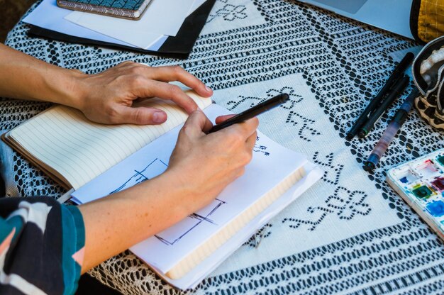 Mains féminines caucasiennes sur une table dessinant des croquis sur une feuille blanche avec un marqueur noir