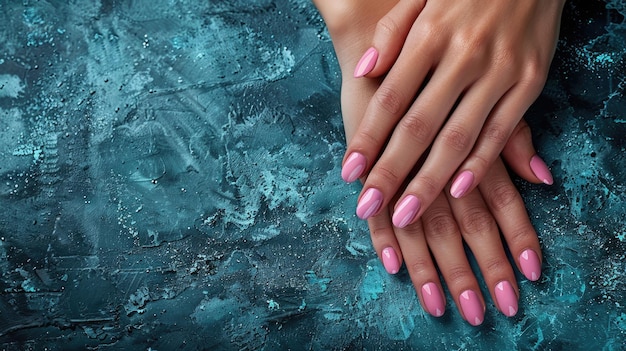 Mains féminines avec une conception d'ongles roses Manicure au vernis à ongles rose brillant sur fond bleu espace de copie