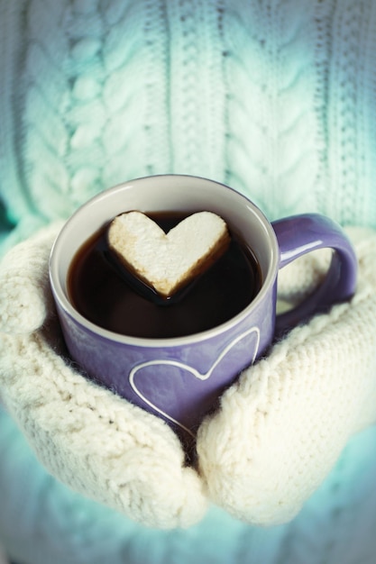 Mains féminines dans des mitaines chaudes tenant une tasse de café chaud avec de la guimauve coeur se bouchent