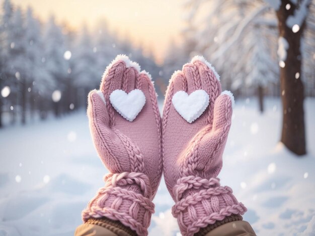 Des mains féminines dans des mites tricotées avec un cœur sur le fond de la Saint-Valentin