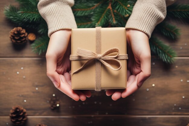 Photo des mains féminines en gros plan tenant une boîte à cadeaux sur fond en bois concept de noël et du nouvel an vue supérieure