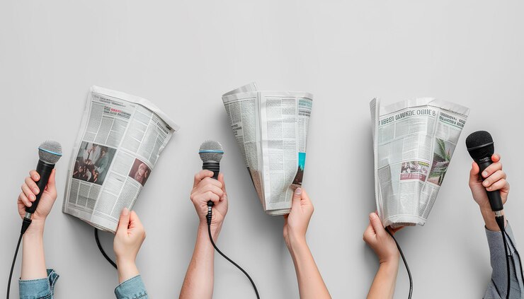 Photo des mains féminines avec des journaux et des microphones sur un fond clair