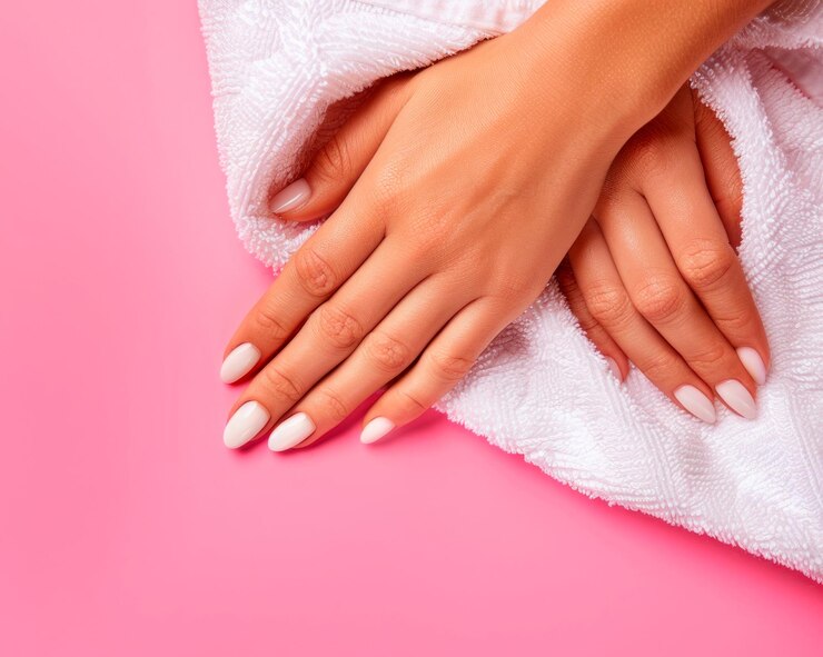 Des mains féminines avec une manucure blanche fraîche enveloppées dans une serviette sur un fond rose
