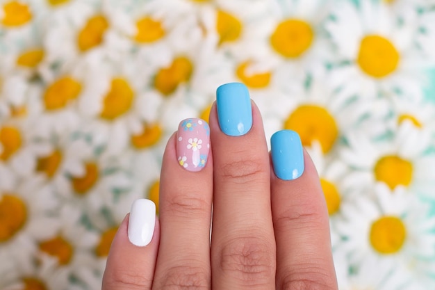 Mains féminines avec des ongles de manucure d'été décorés de fleurs de camomille