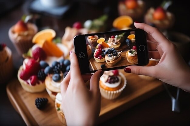 Photo des mains féminines prennent des photos avec un téléphone à la nourriture