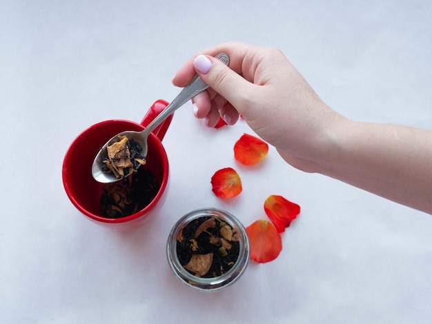 Les mains féminines sont versées avec une cuillère de thé sec d'un bocal en verre dans une tasse rouge sur blanc