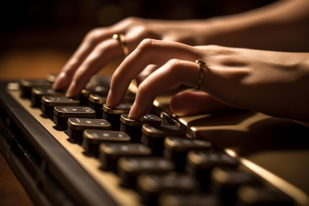 Mains féminines tapant sur un clavier d'ordinateur portable dans une pièce sombre