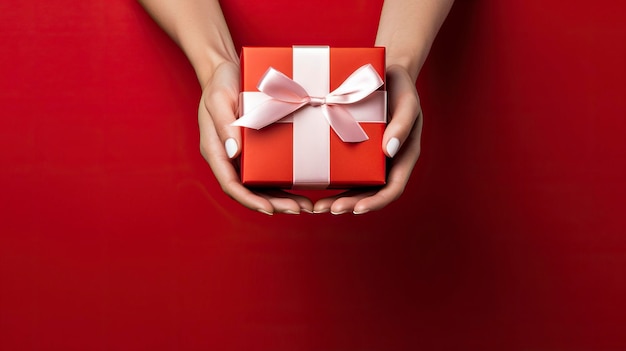 Des mains féminines tenant une boîte cadeau rouge avec un ruban rose sur un fond rouge AI générative