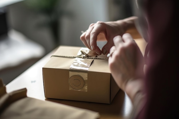 Mains féminines tenant une boîte à colis ou un paquet de boîte-cadeau en papier kraft générative ai