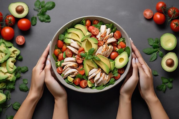 Des mains féminines tenant un bol avec de la salade fraîche sur un fond sombre