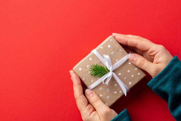 Mains féminines tenant le cadeau de Noël en diagonale