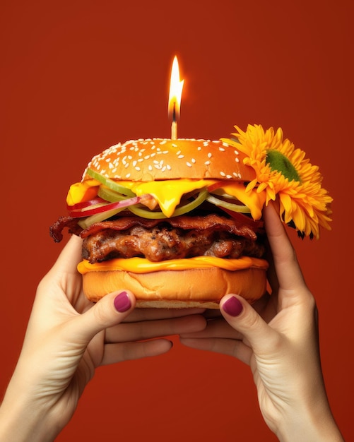 Photo mains féminines tenant un hamburger avec une bougie allumée sur fond orange gros plan