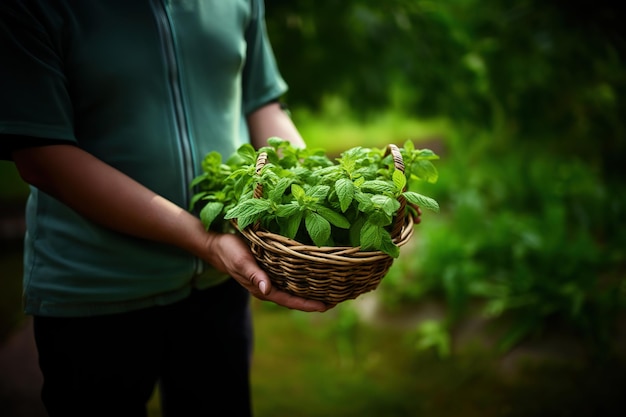 Mains féminines tenant un panier de feuilles de menthe fraîche dans le jardin