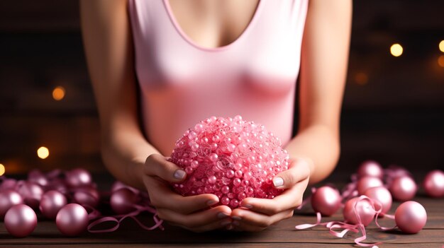 Mains féminines tenant un ruban rose sur une surface en bois