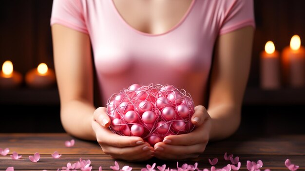 Mains féminines tenant un ruban rose sur une surface en bois