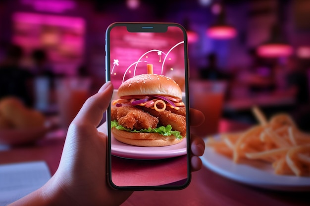 Photo des mains féminines tenant un téléphone portable avec une application de restauration rapide à l'écran dans un restaurant