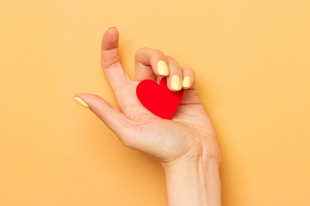 Des mains féminines tiennent un symbole du coeur en bois.