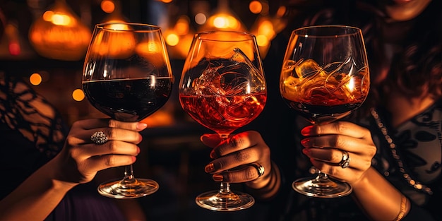 des mains féminines tiennent des verres à vin de différentes manières dans le style orange foncé et cramoisi