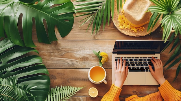 Des mains féminines travaillant sur un ordinateur portable sur la table en bois couverte de chapeaux et de plantes tropicales IA générative