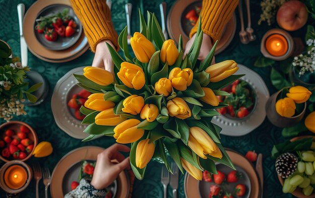 Les mains d'une femme arrangeant des tulipes jaunes au dîner de Pâques