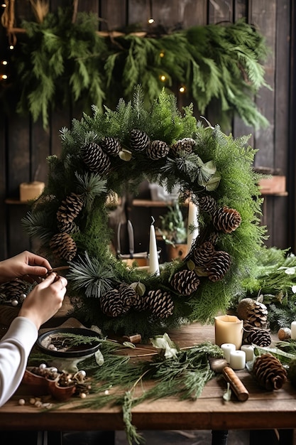 Les mains d'une femme confectionnent habilement une couronne de Noël écologique